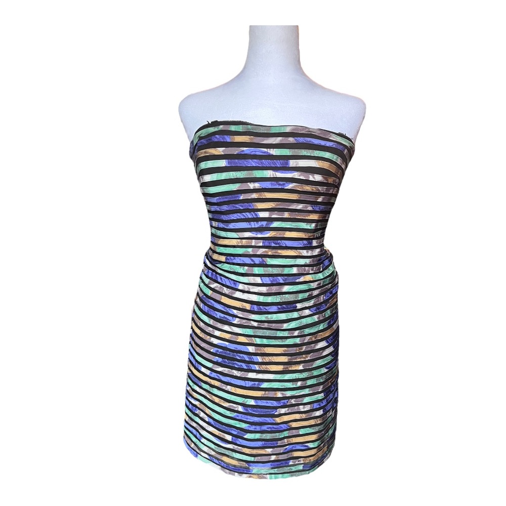 BCBG Watercolor Corseted Tube Minidress Mesh Inserts Size 4 100% Silk